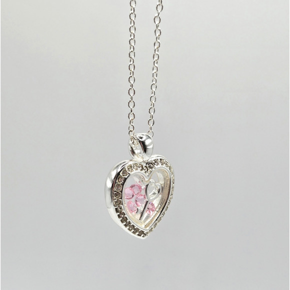 Heart Necklace Silvertone Keepsake Pendant Pink White Rhinestone Dainty Twee NEW - Picture 11 of 12